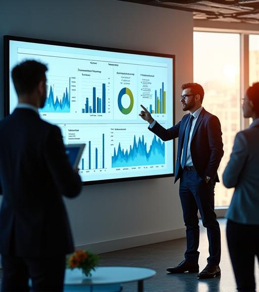 A diverse team of professionals collaborating around a screen showing data graphs.